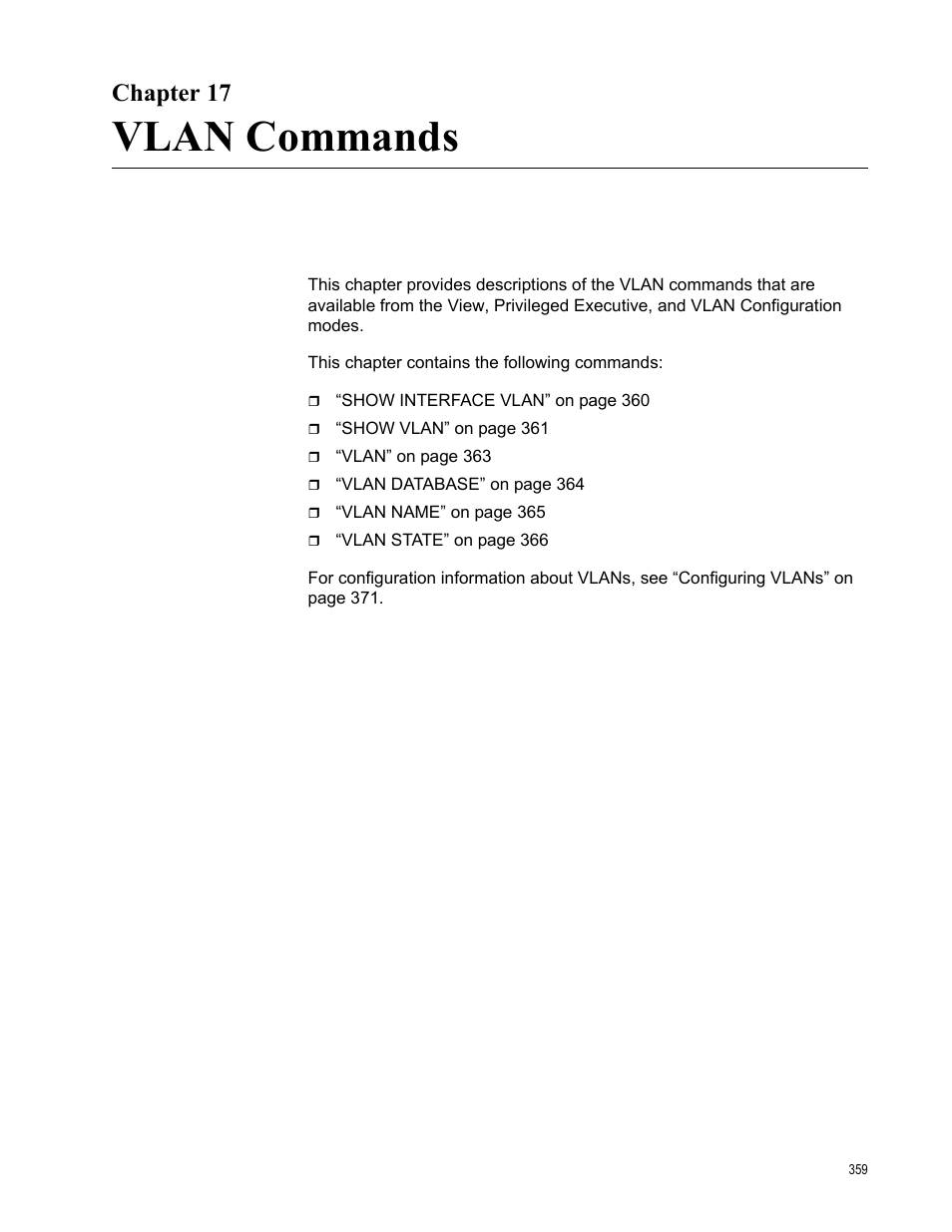 Chapter 17, Vlan commands | Allied Telesis AT-S83 User Manual | Page 359 / 382
