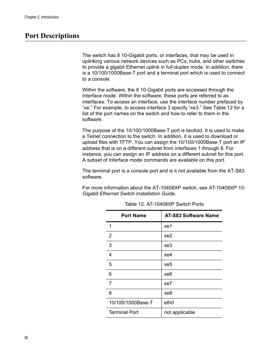 Port descriptions, Table 12. at-10408xp switch ports | Allied Telesis AT-S83 User Manual | Page 36 / 382