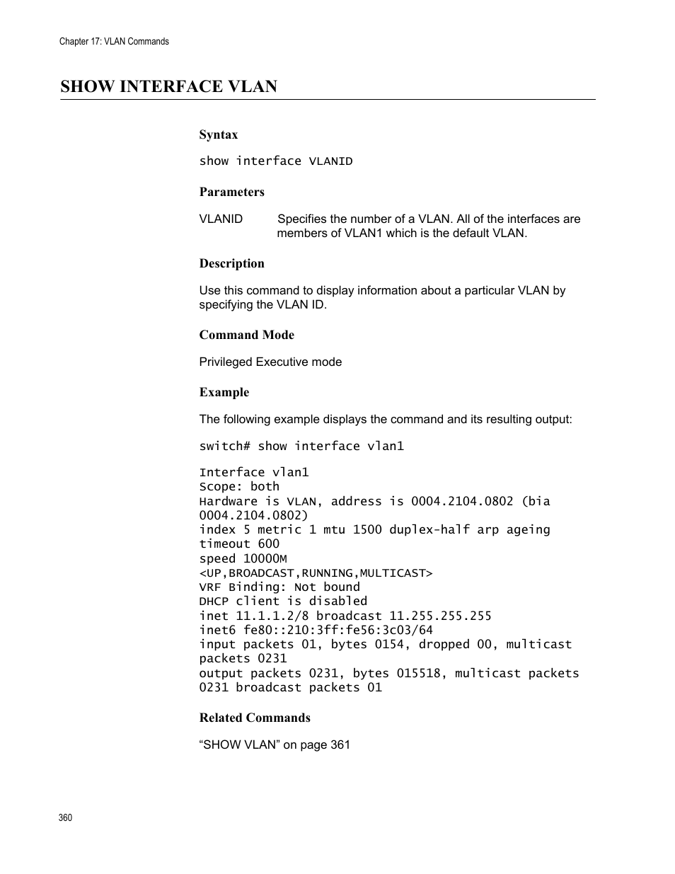 Show interface vlan | Allied Telesis AT-S83 User Manual | Page 360 / 382