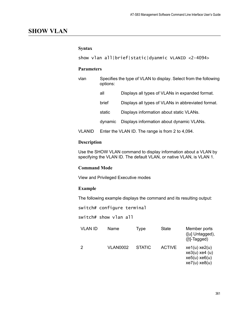 Show vlan | Allied Telesis AT-S83 User Manual | Page 361 / 382