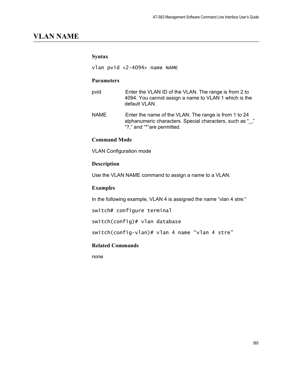 Vlan name | Allied Telesis AT-S83 User Manual | Page 365 / 382