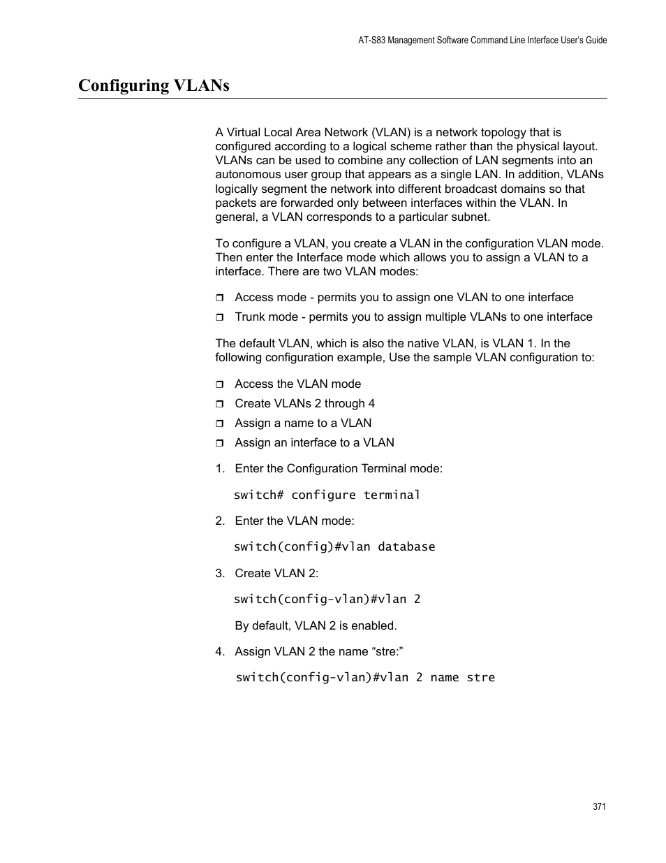 Configuring vlans | Allied Telesis AT-S83 User Manual | Page 371 / 382