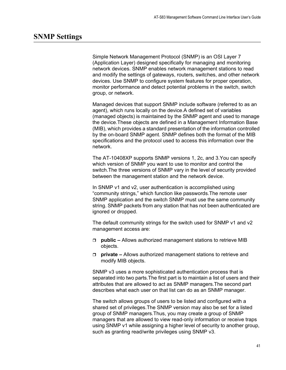 Snmp settings | Allied Telesis AT-S83 User Manual | Page 41 / 382