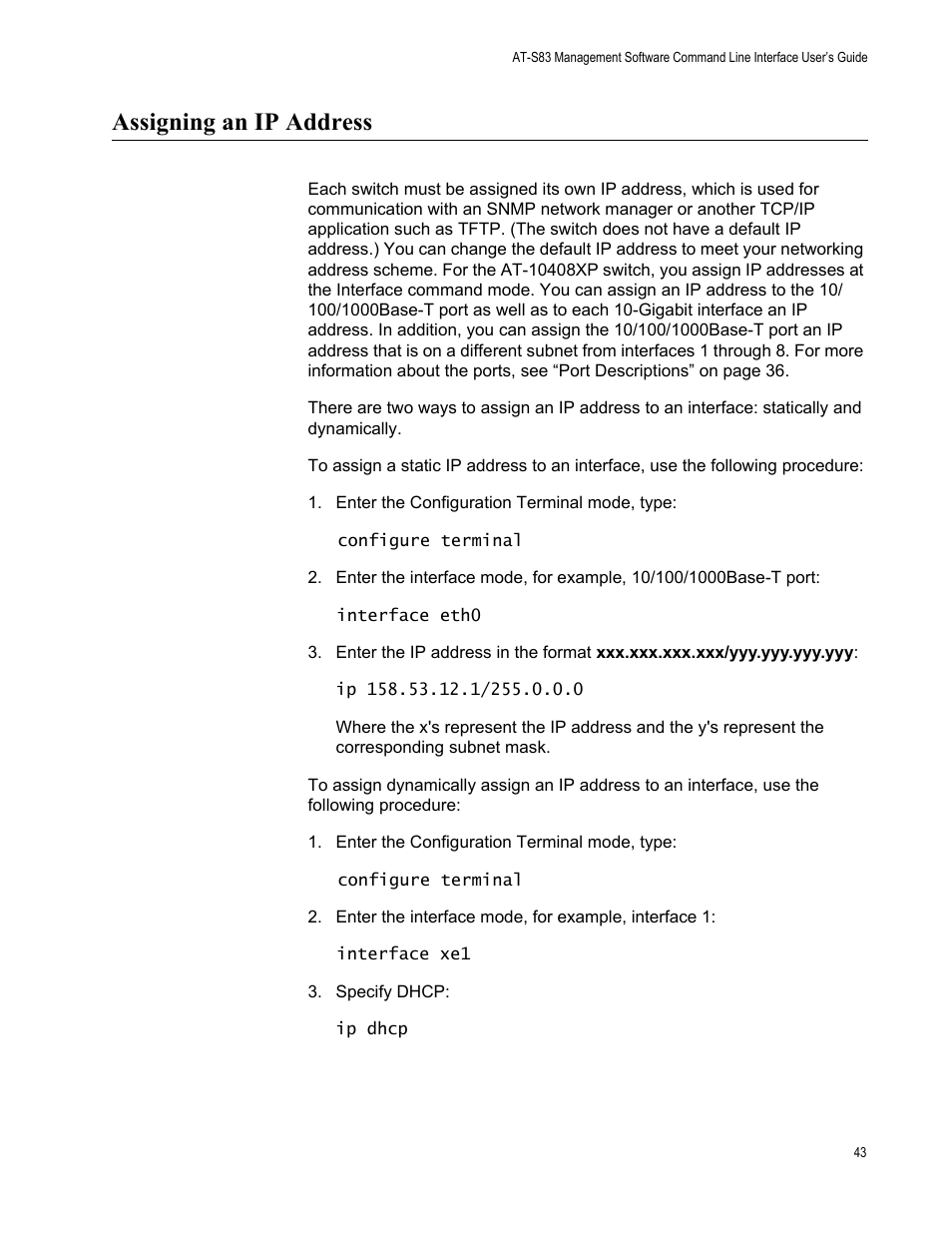 Assigning an ip address | Allied Telesis AT-S83 User Manual | Page 43 / 382