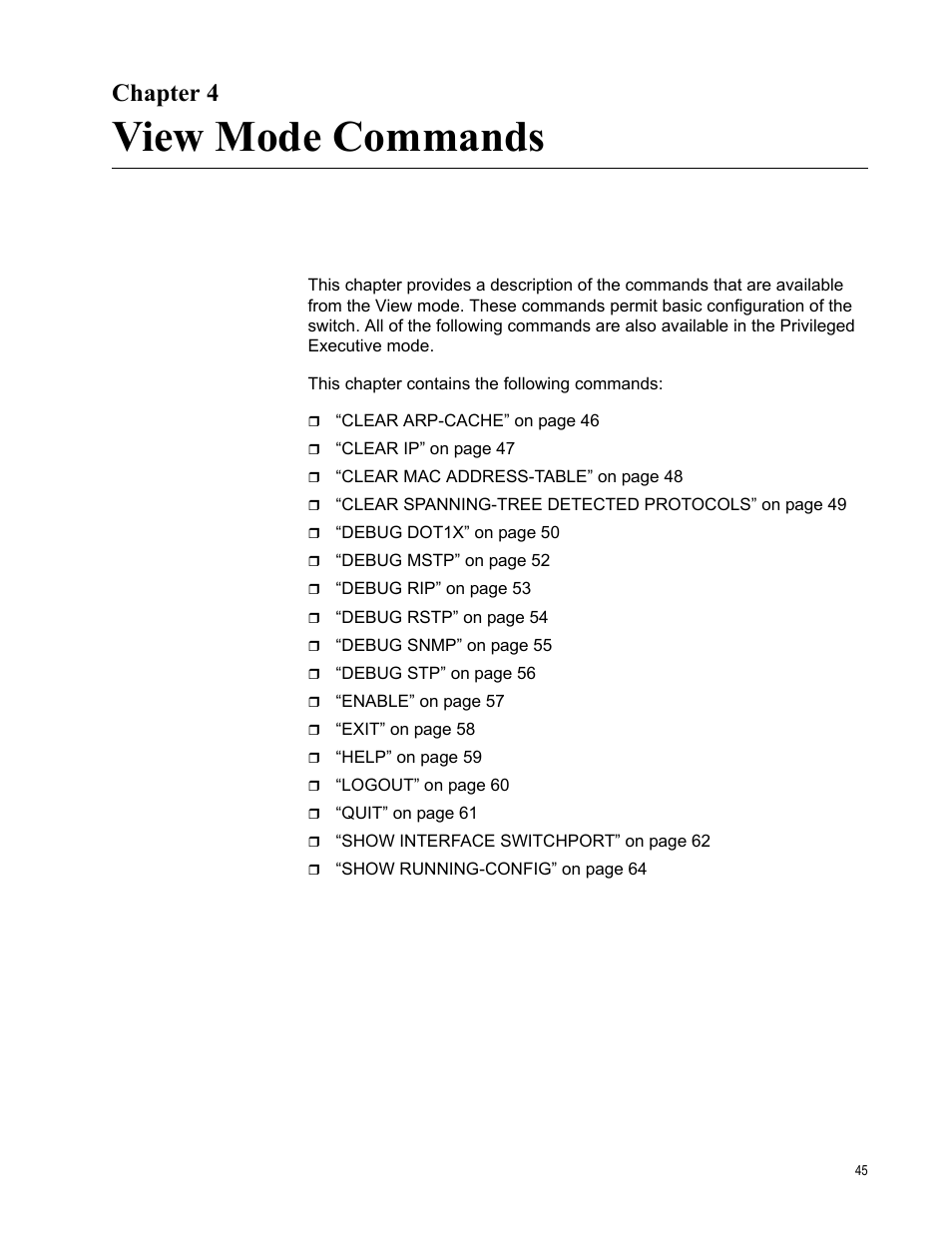 Chapter 4, View mode commands, R 4: view mode commands | Allied Telesis AT-S83 User Manual | Page 45 / 382