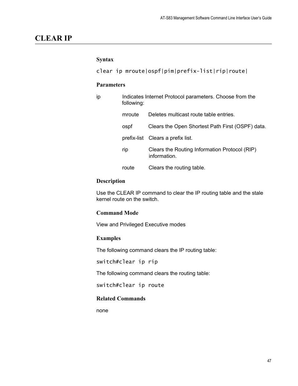 Clear ip | Allied Telesis AT-S83 User Manual | Page 47 / 382