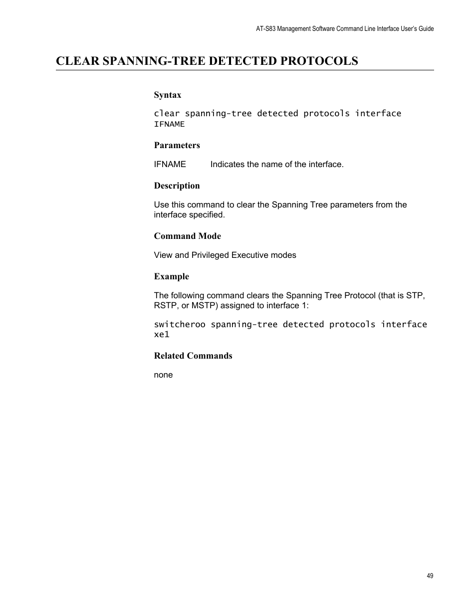 Clear spanning-tree detected protocols | Allied Telesis AT-S83 User Manual | Page 49 / 382