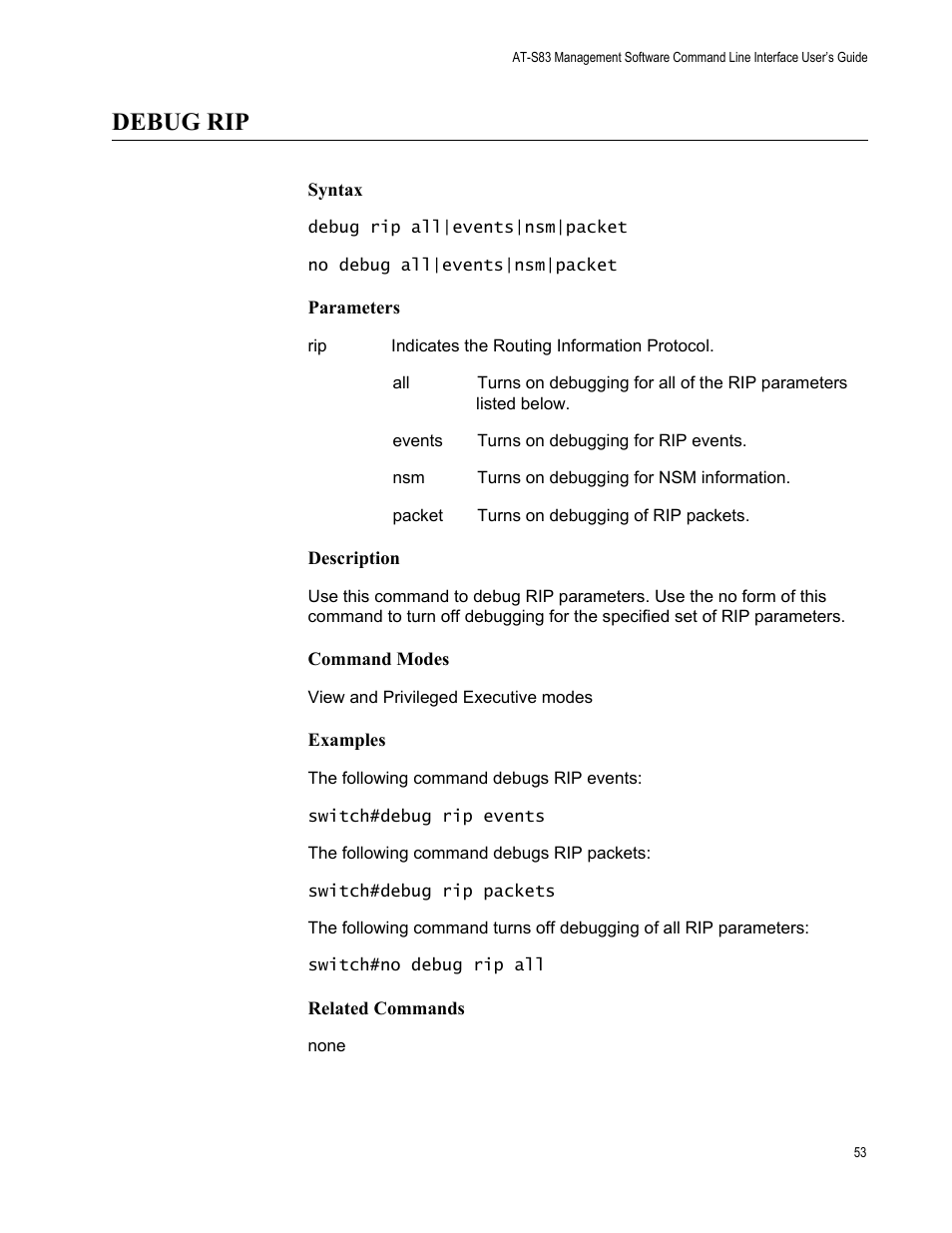 Debug rip | Allied Telesis AT-S83 User Manual | Page 53 / 382