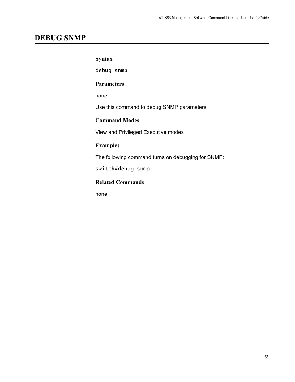 Debug snmp | Allied Telesis AT-S83 User Manual | Page 55 / 382