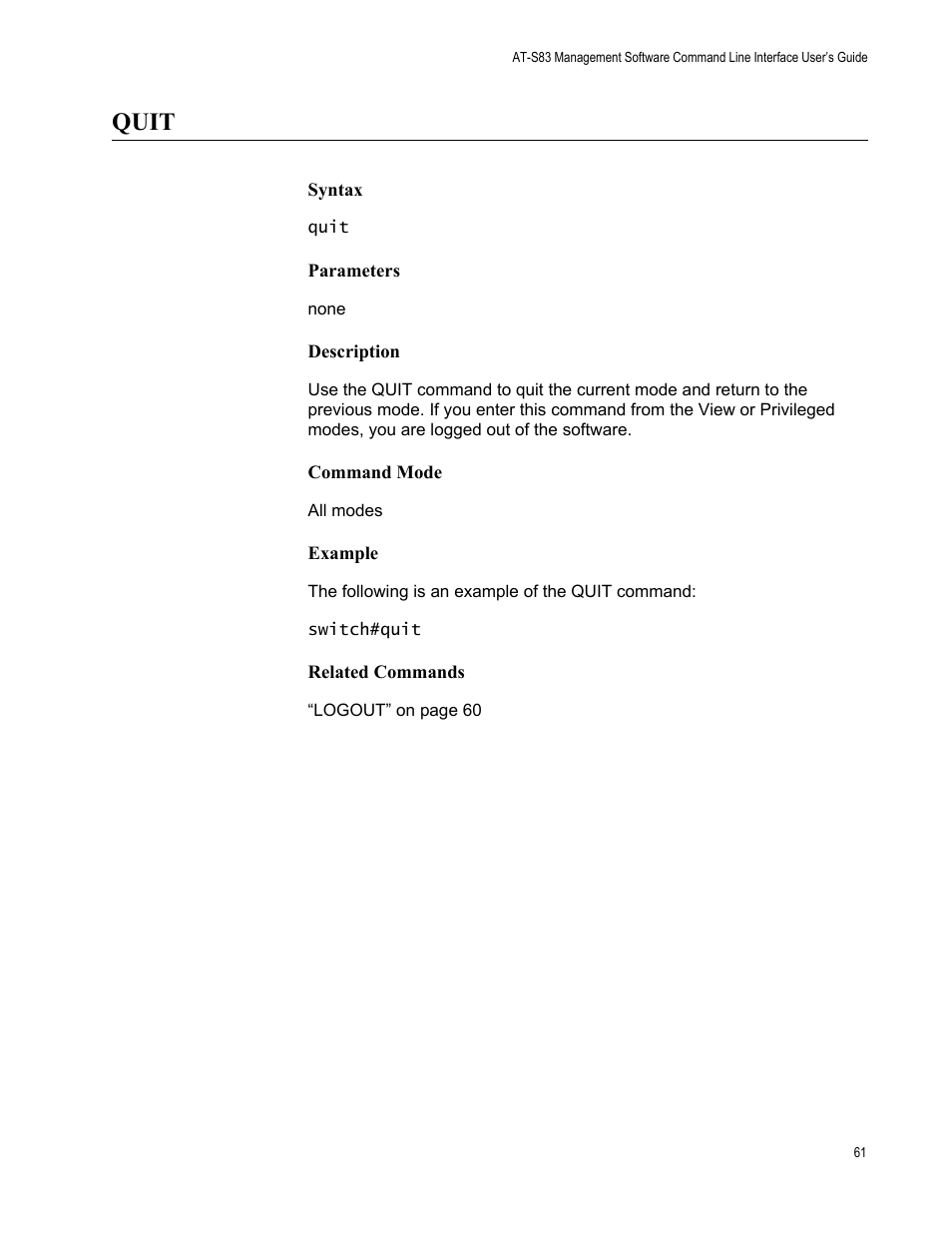 Quit | Allied Telesis AT-S83 User Manual | Page 61 / 382