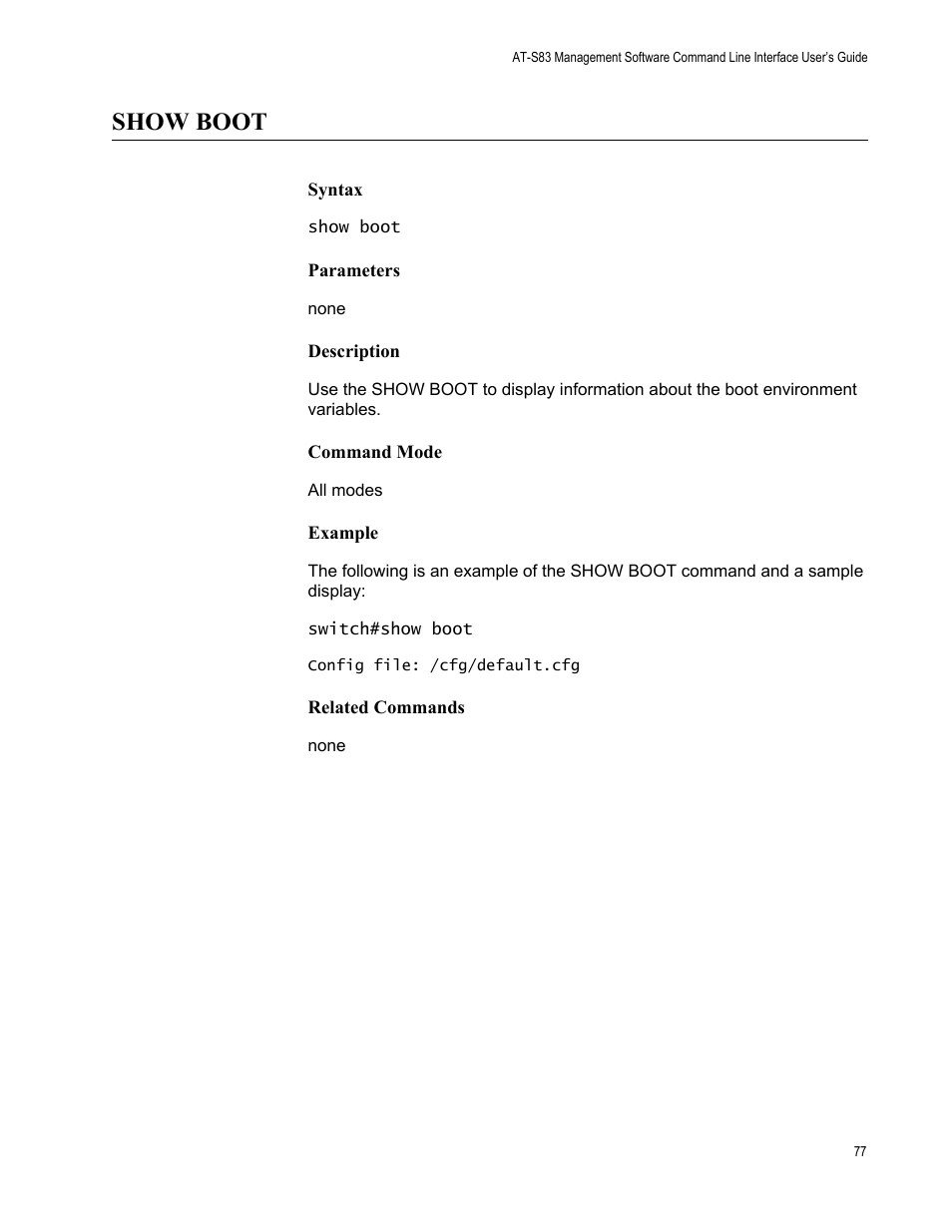 Show boot | Allied Telesis AT-S83 User Manual | Page 77 / 382