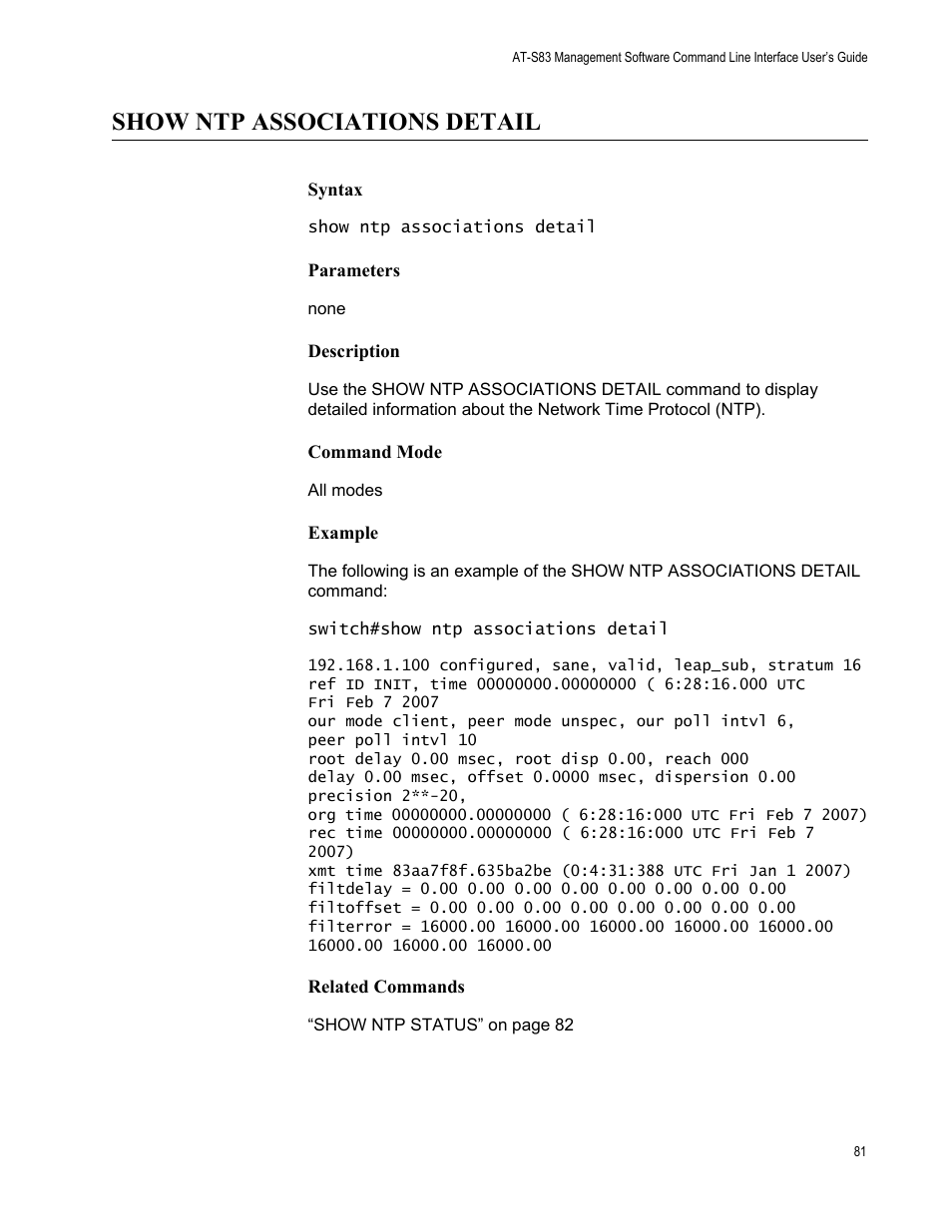 Show ntp associations detail | Allied Telesis AT-S83 User Manual | Page 81 / 382