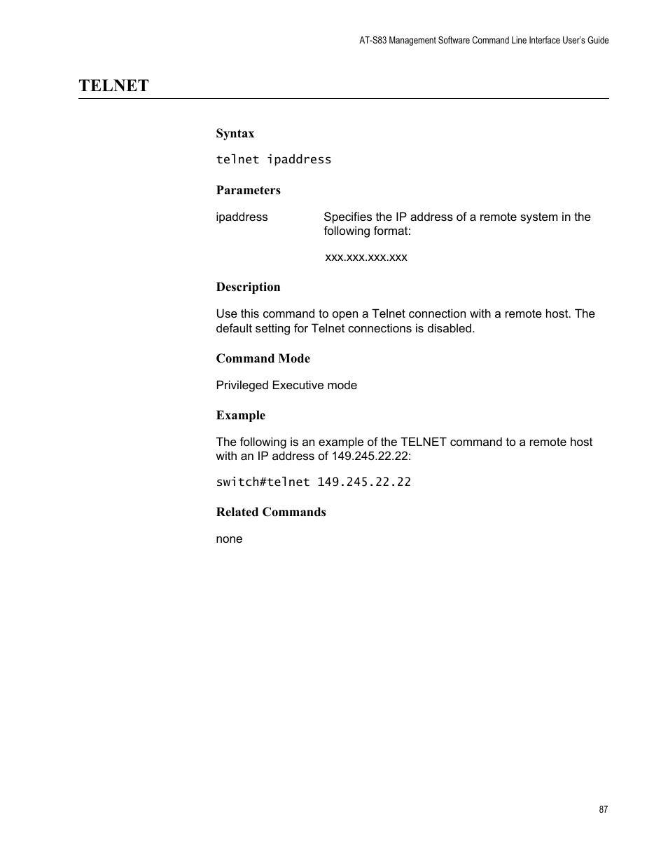 Telnet | Allied Telesis AT-S83 User Manual | Page 87 / 382