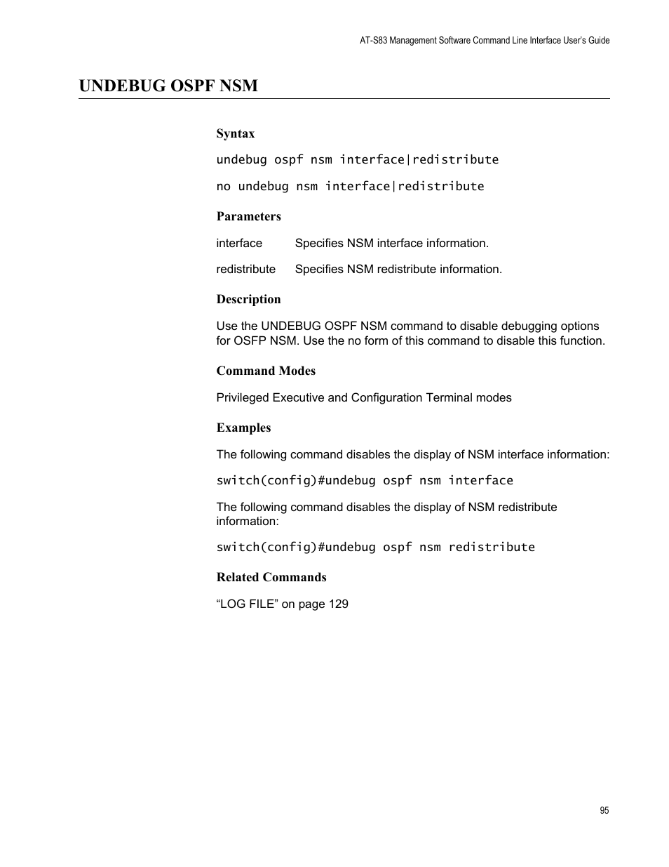 Undebug ospf nsm | Allied Telesis AT-S83 User Manual | Page 95 / 382