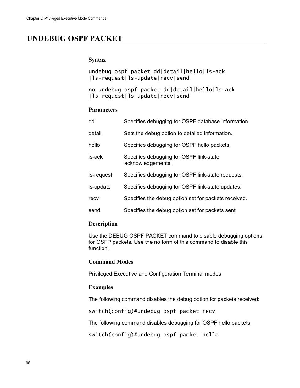 Undebug ospf packet | Allied Telesis AT-S83 User Manual | Page 96 / 382
