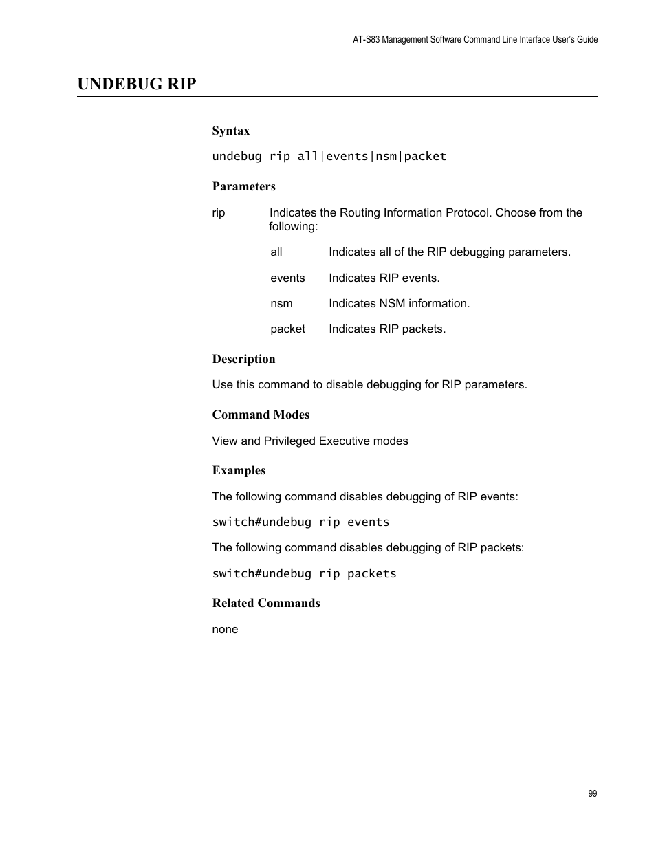 Undebug rip | Allied Telesis AT-S83 User Manual | Page 99 / 382