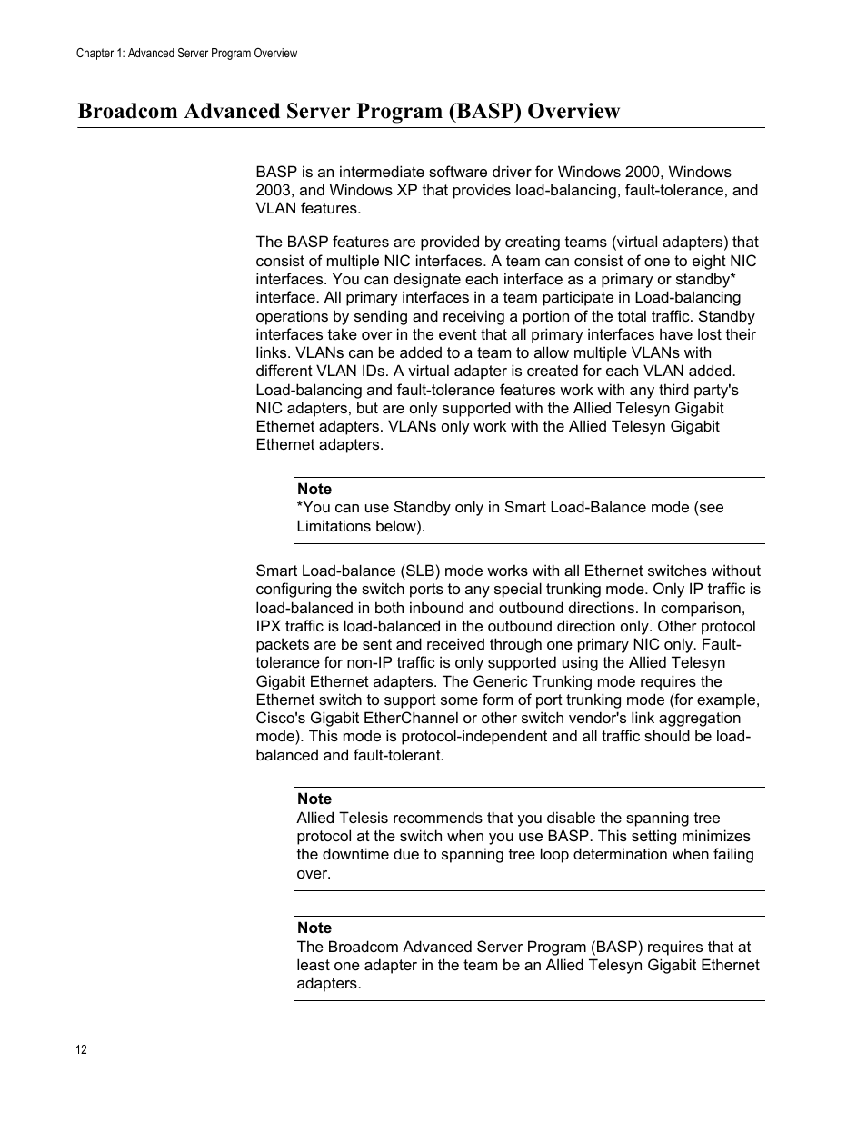 Broadcom advanced server program (basp) overview | Allied Telesis AT-2972T/2 User Manual | Page 12 / 76