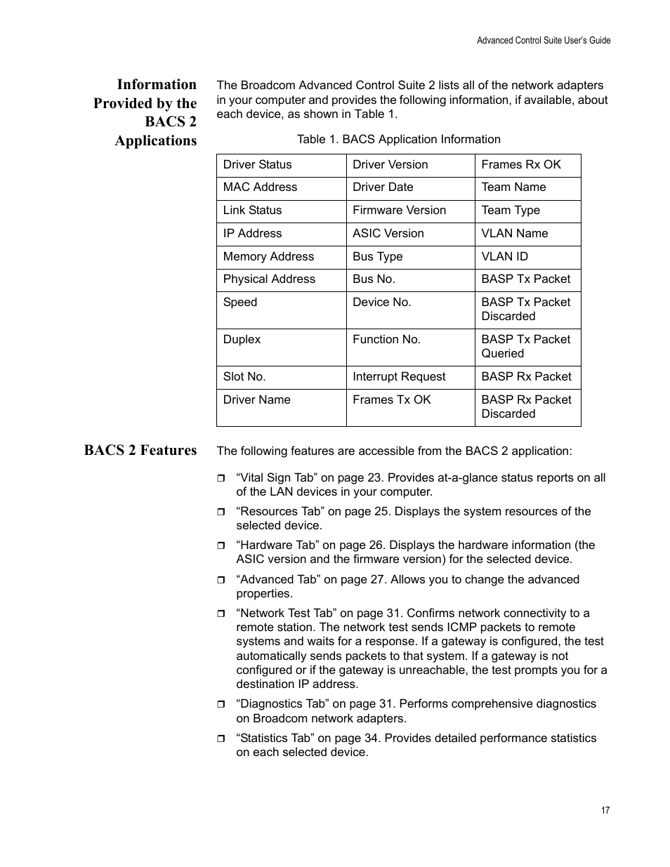 Information provided by the bacs 2 applications, Bacs 2 features | Allied Telesis AT-2972T/2 User Manual | Page 17 / 76