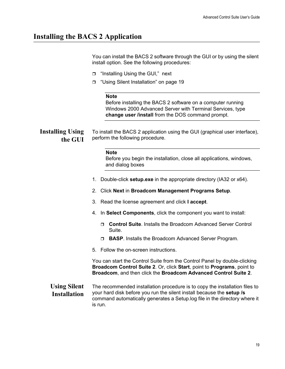 Installing the bacs 2 application, Installing using the gui, Using silent installation | Installing using the gui using silent installation | Allied Telesis AT-2972T/2 User Manual | Page 19 / 76