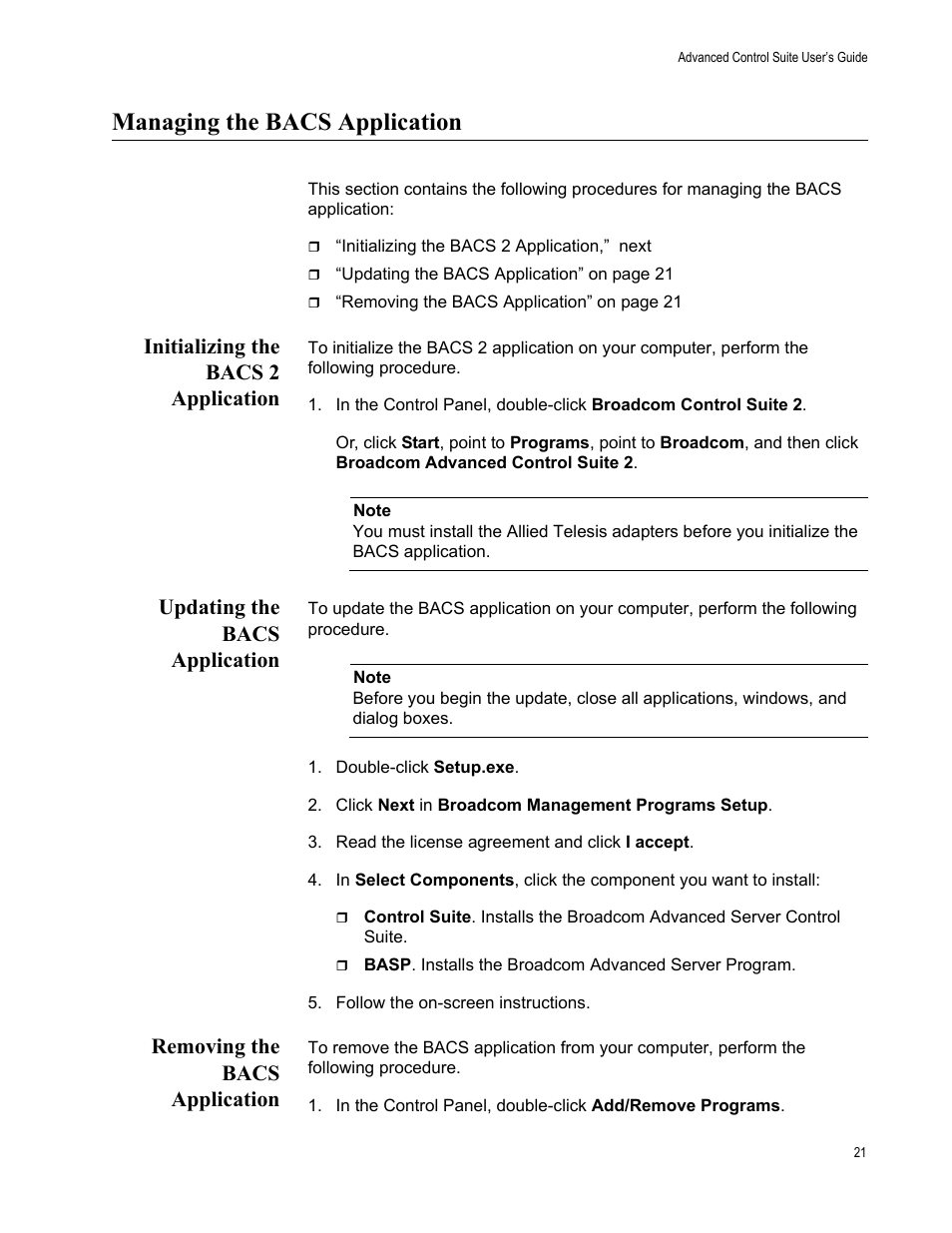 Managing the bacs application, Initializing the bacs 2 application, Updating the bacs application | Double-click setup.exe, Removing the bacs application | Allied Telesis AT-2972T/2 User Manual | Page 21 / 76