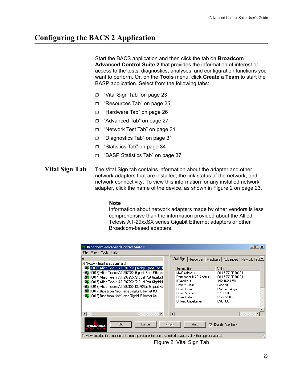 Configuring the bacs 2 application, Vital sign tab | Allied Telesis AT-2972T/2 User Manual | Page 23 / 76