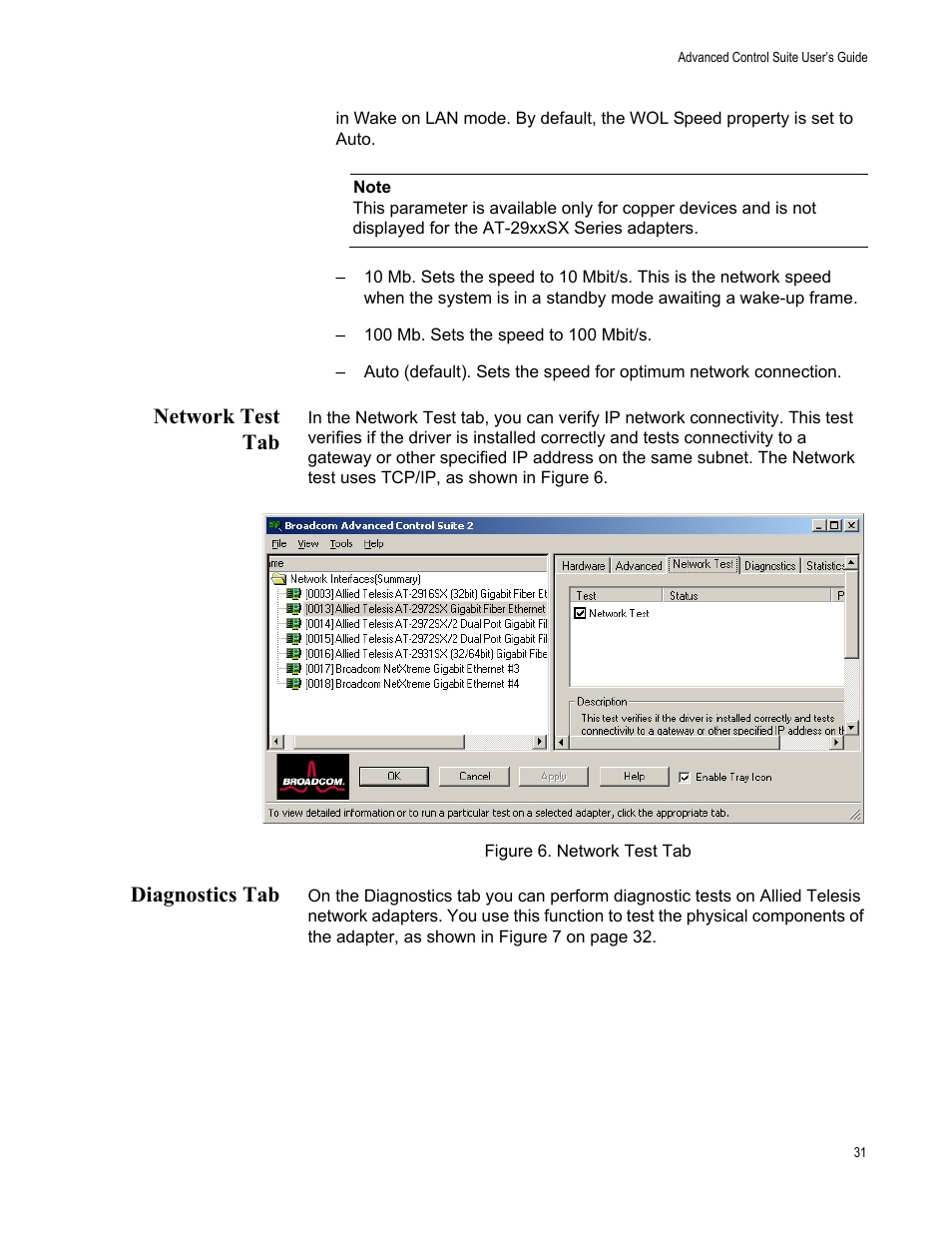 Network test tab, Diagnostics tab, Network test tab diagnostics tab | Allied Telesis AT-2972T/2 User Manual | Page 31 / 76