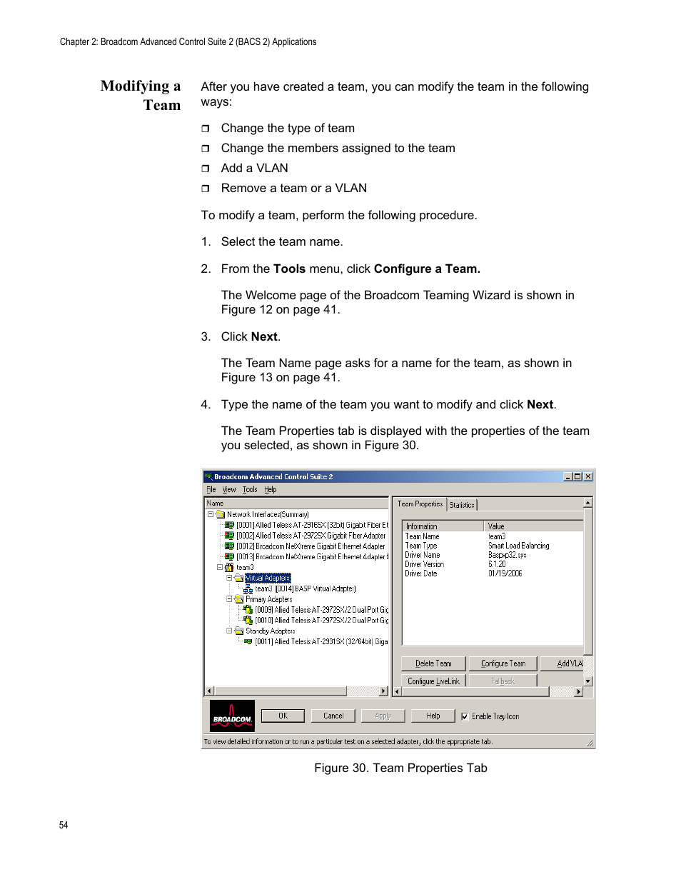 Modifying a team, Select the team name | Allied Telesis AT-2972T/2 User Manual | Page 54 / 76