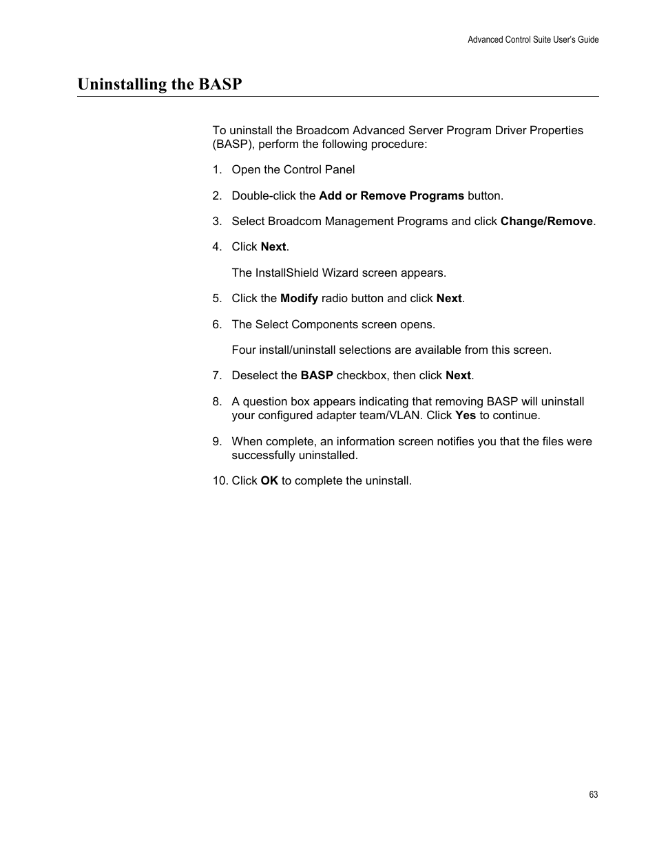 Uninstalling the basp, Open the control panel | Allied Telesis AT-2972T/2 User Manual | Page 63 / 76