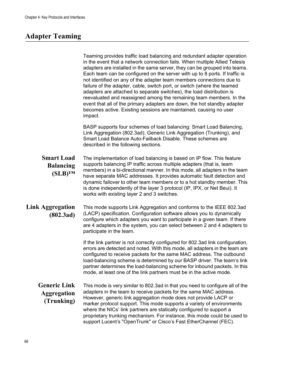 Adapter teaming, Smart load balancing (slb), Link aggregation (802.3ad) | Generic link aggregation (trunking) | Allied Telesis AT-2972T/2 User Manual | Page 66 / 76
