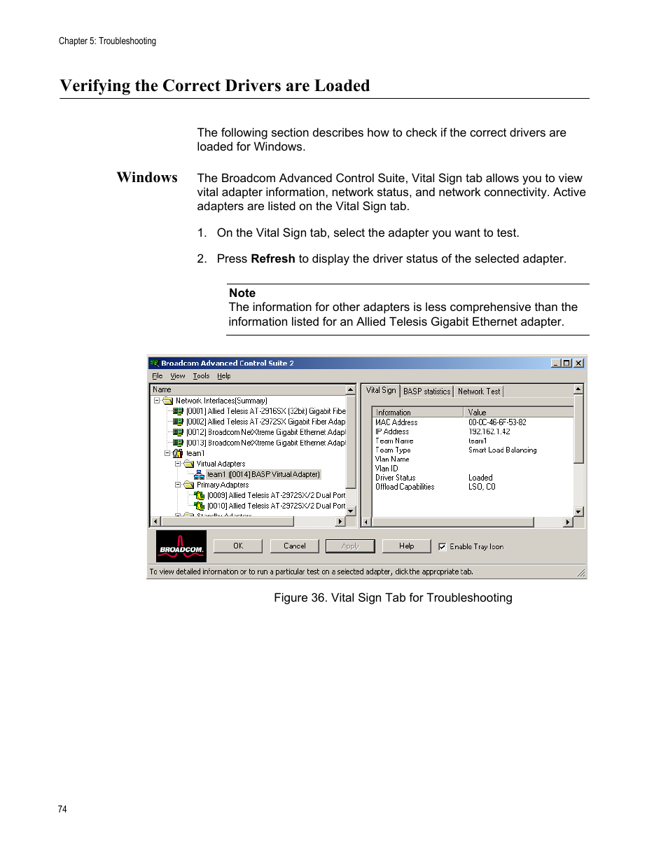 Verifying the correct drivers are loaded, Windows | Allied Telesis AT-2972T/2 User Manual | Page 74 / 76