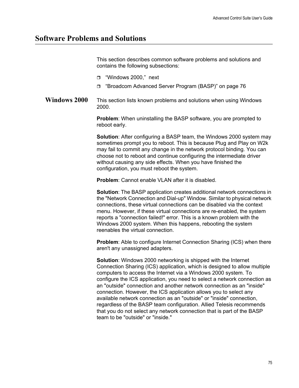 Software problems and solutions, Windows 2000 | Allied Telesis AT-2972T/2 User Manual | Page 75 / 76