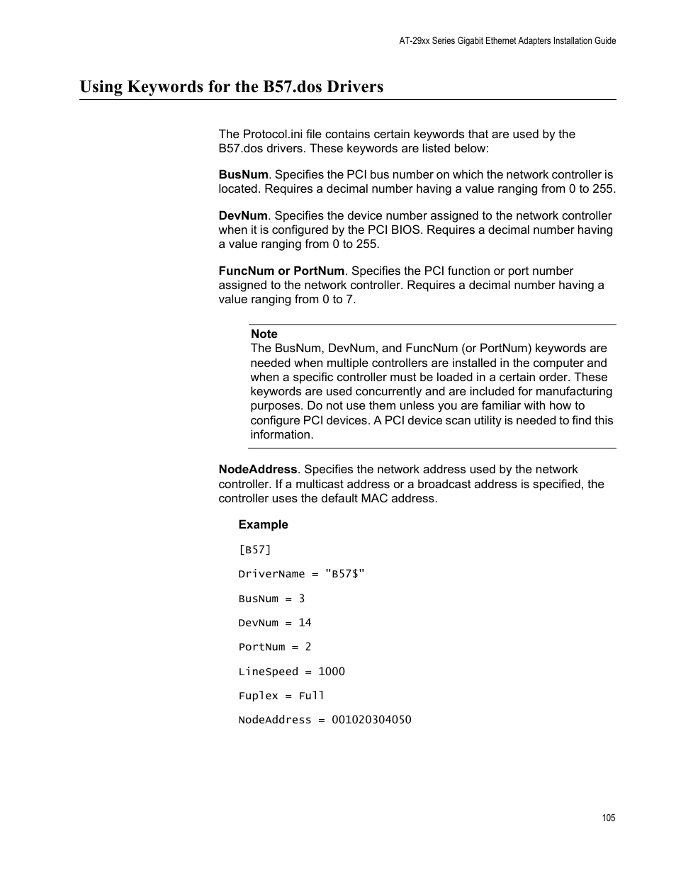Using keywords for the b57.dos drivers | Allied Telesis AT-2972T/2 User Manual | Page 105 / 144