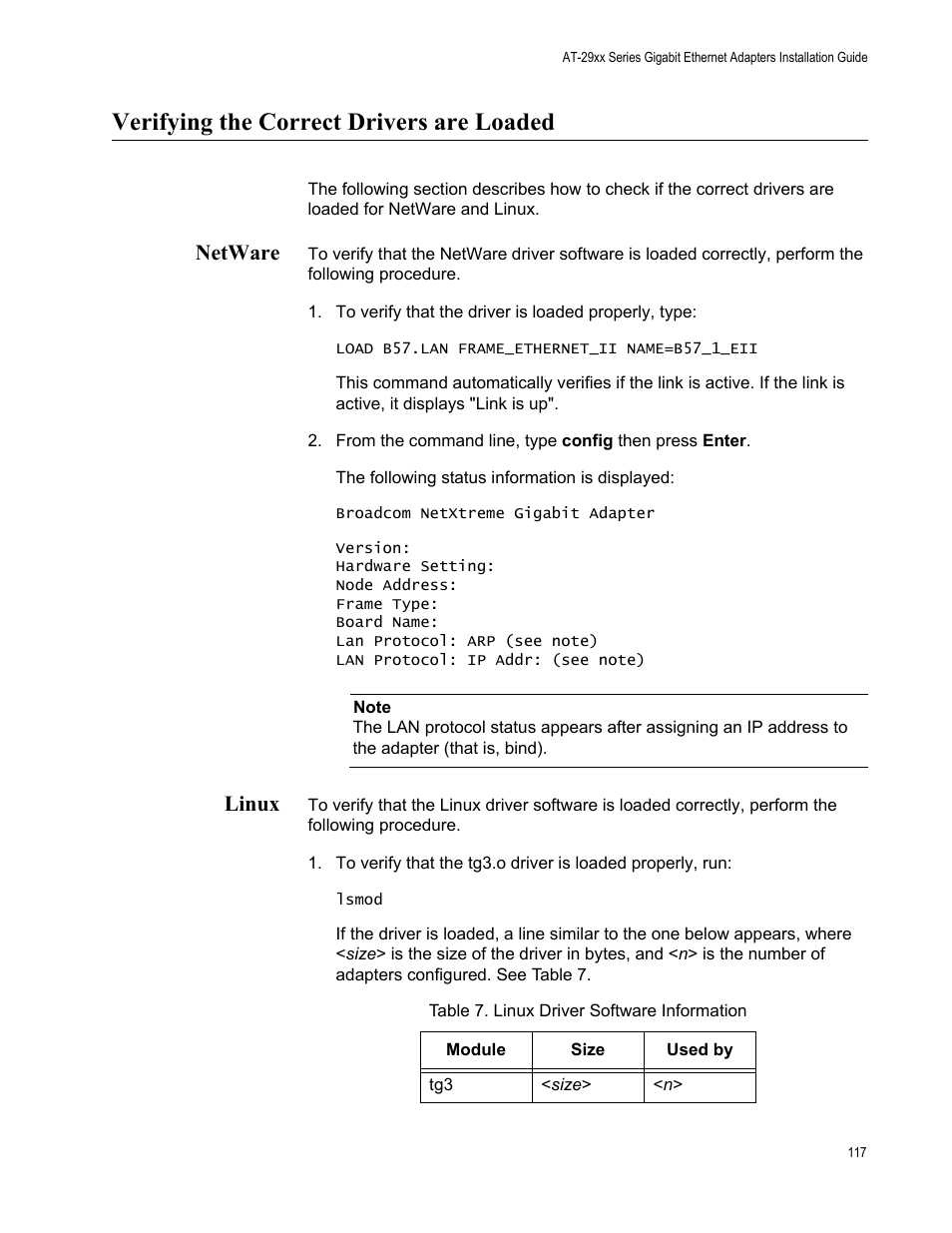 Verifying the correct drivers are loaded, Netware, To verify that the driver is loaded properly, type | Linux, Netware linux | Allied Telesis AT-2972T/2 User Manual | Page 117 / 144