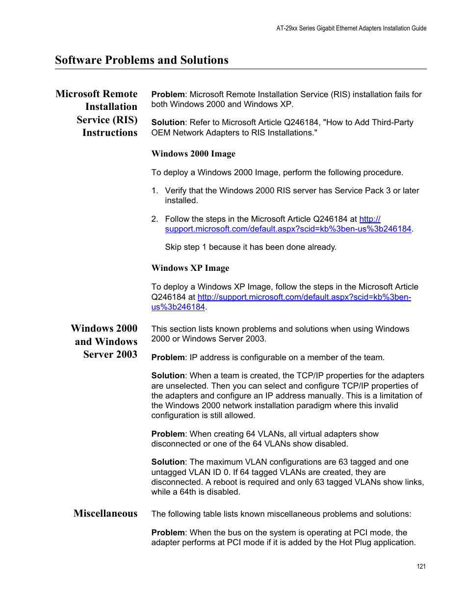 Software problems and solutions, Windows 2000 and windows server 2003, Miscellaneous | Windows 2000 image windows xp image, Windows 2000 and windows server 2003 miscellaneous | Allied Telesis AT-2972T/2 User Manual | Page 121 / 144