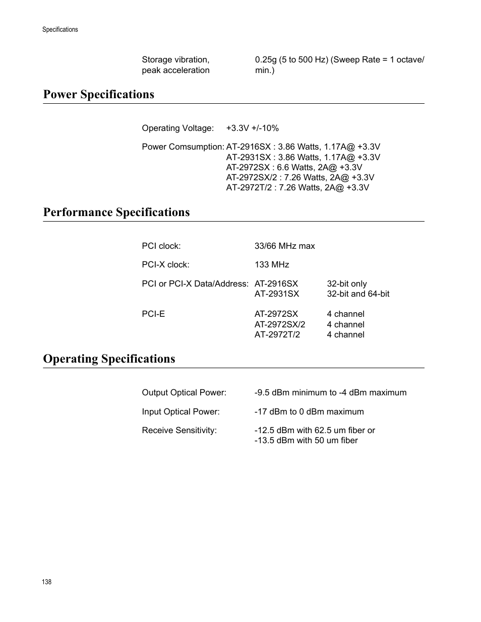 Power specifications, Performance specifications, Operating specifications | Allied Telesis AT-2972T/2 User Manual | Page 138 / 144