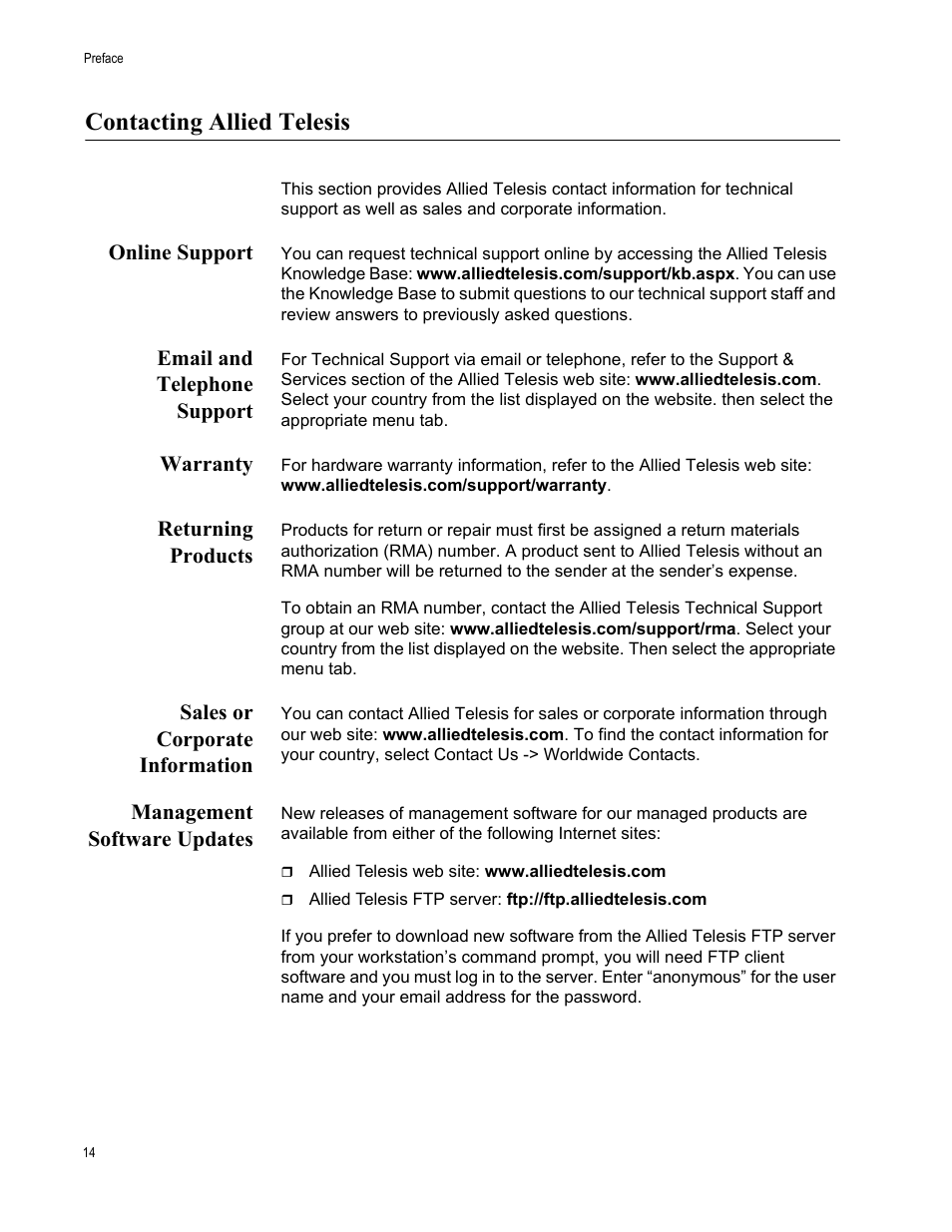 Contacting allied telesis, Online support, Email and telephone support | Warranty, Returning products, Sales or corporate information, Management software updates | Allied Telesis AT-2972T/2 User Manual | Page 14 / 144