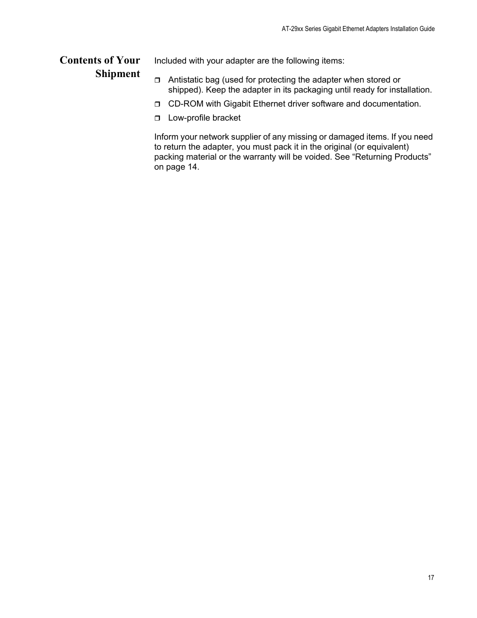 Contents of your shipment | Allied Telesis AT-2972T/2 User Manual | Page 17 / 144