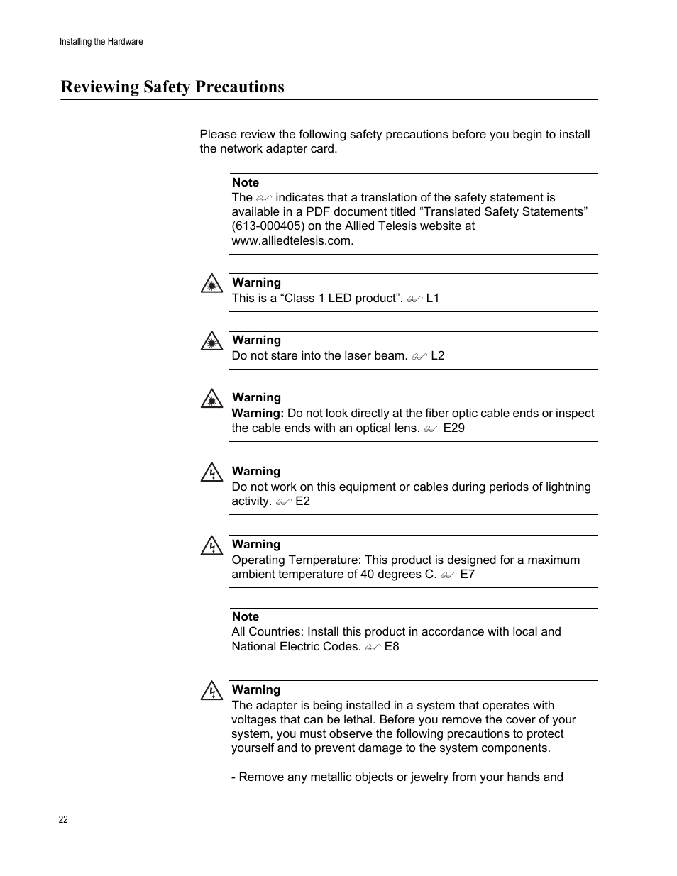 Reviewing safety precautions | Allied Telesis AT-2972T/2 User Manual | Page 22 / 144