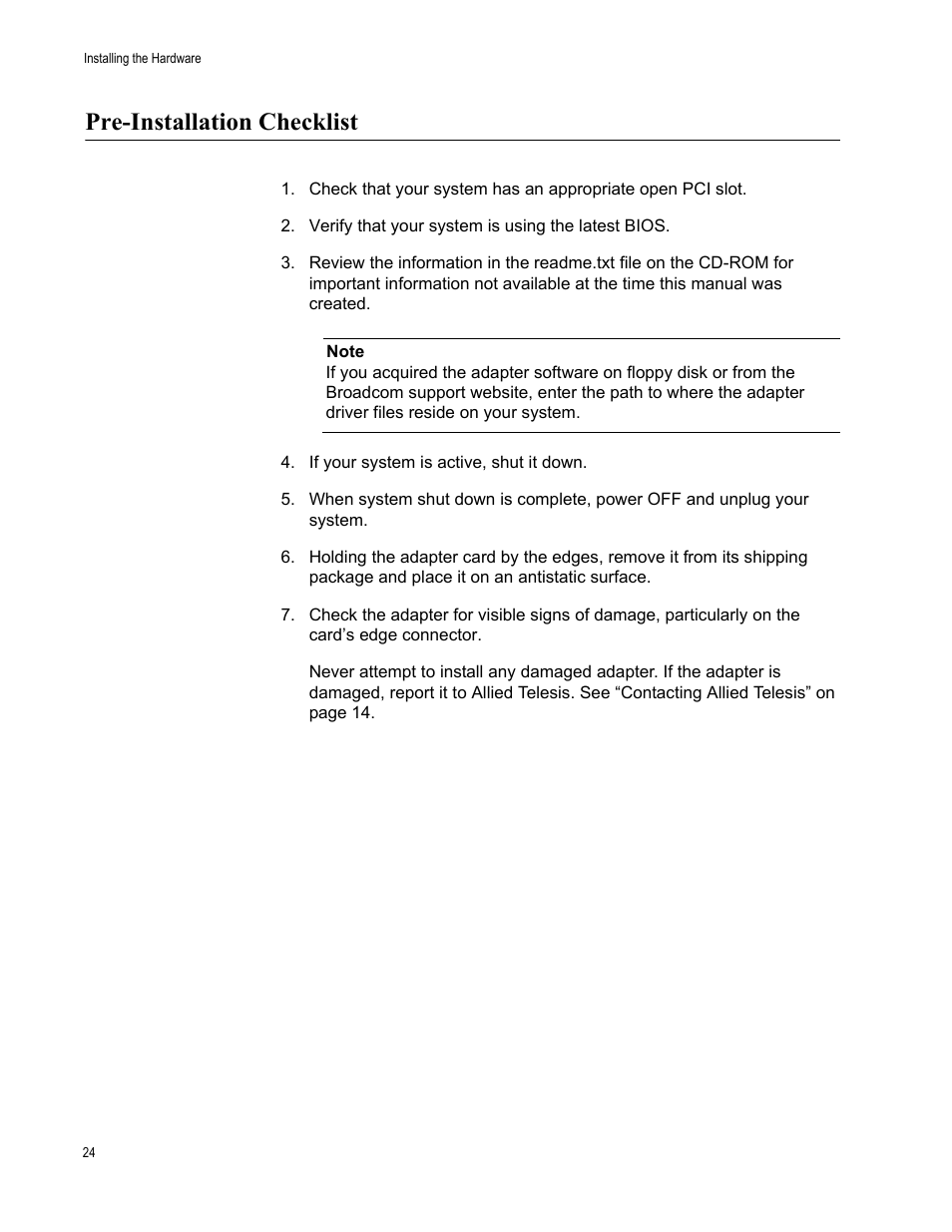 Pre-installation checklist | Allied Telesis AT-2972T/2 User Manual | Page 24 / 144