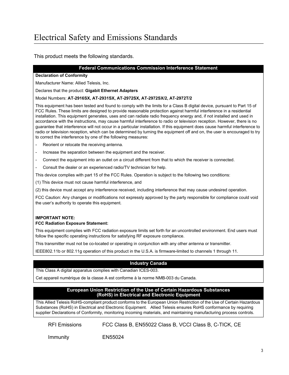 Electrical safety and emissions standards | Allied Telesis AT-2972T/2 User Manual | Page 3 / 144