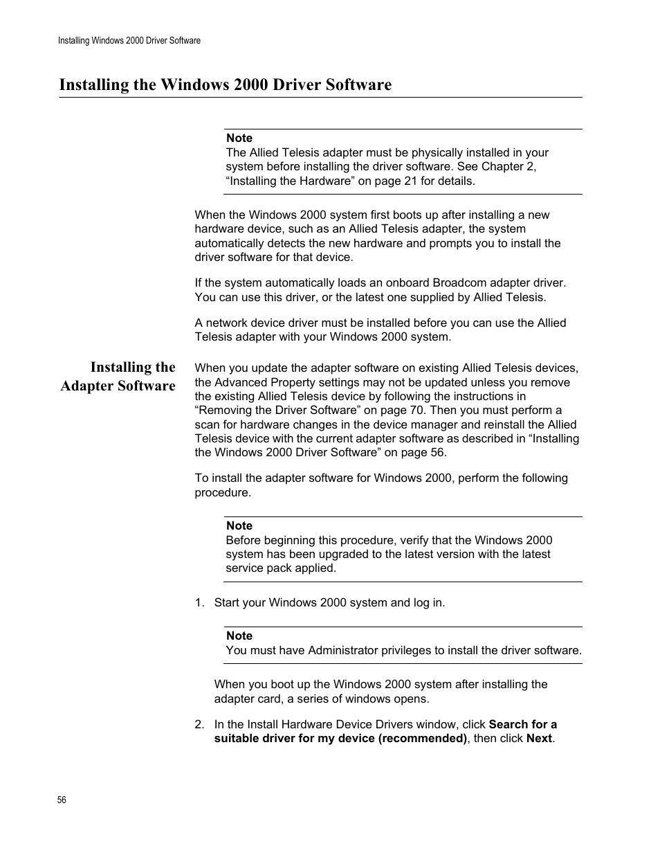 Installing the windows 2000 driver software, Installing the adapter software, Start your windows 2000 system and log in | Allied Telesis AT-2972T/2 User Manual | Page 56 / 144