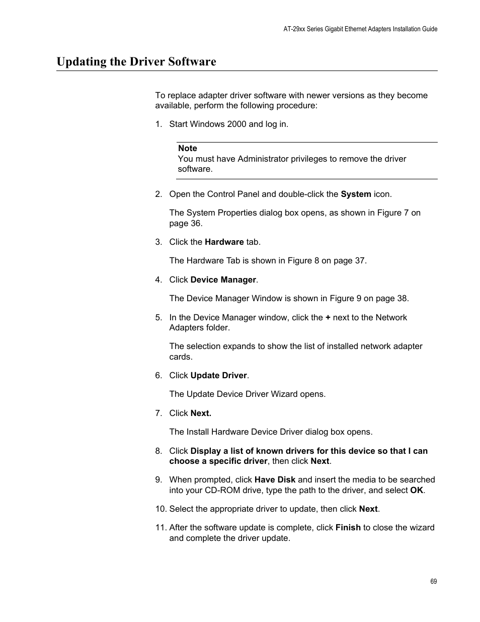 Updating the driver software, Start windows 2000 and log in | Allied Telesis AT-2972T/2 User Manual | Page 69 / 144