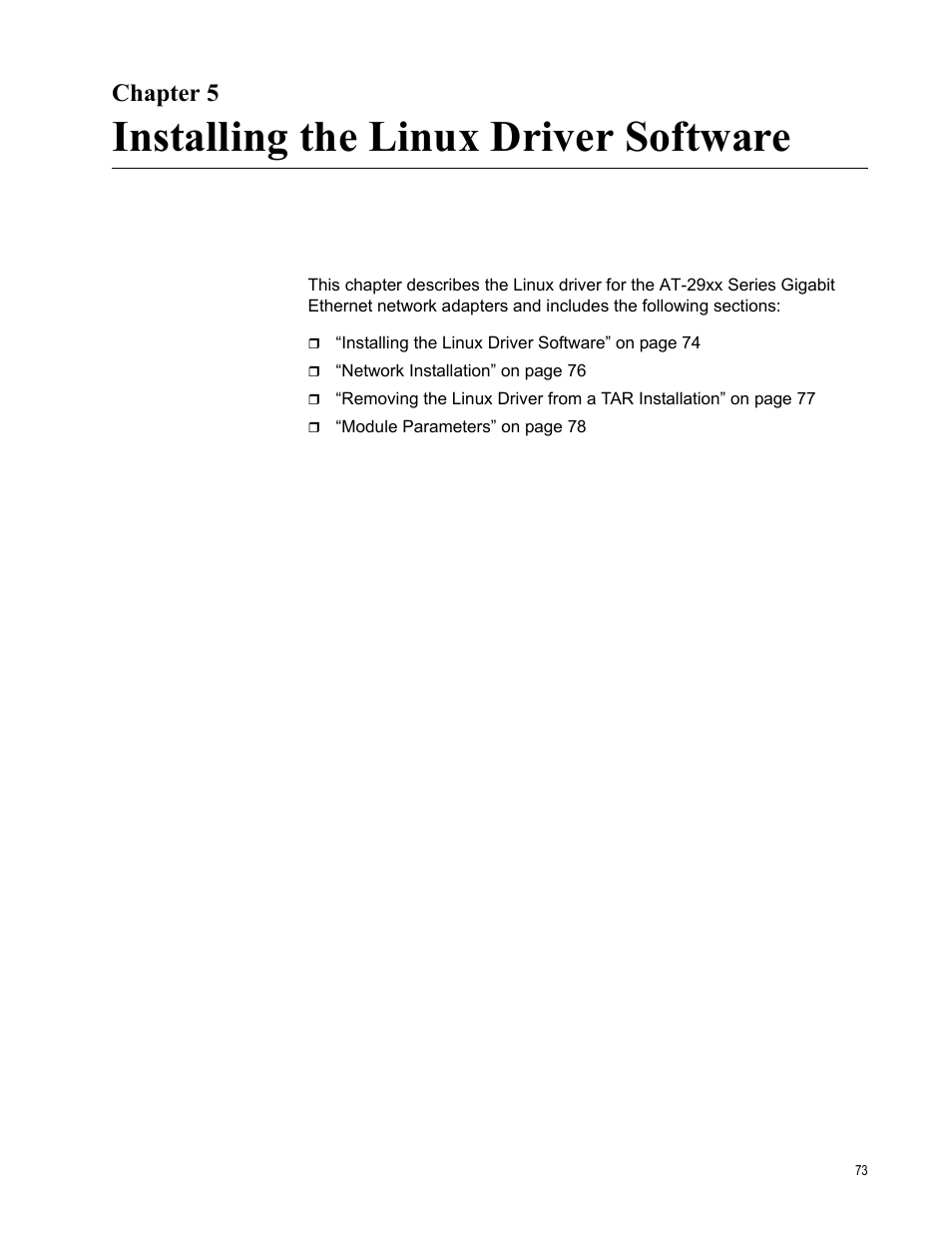 Chapter 5, Installing the linux driver software, R 5: installing the linux driver software | Allied Telesis AT-2972T/2 User Manual | Page 73 / 144