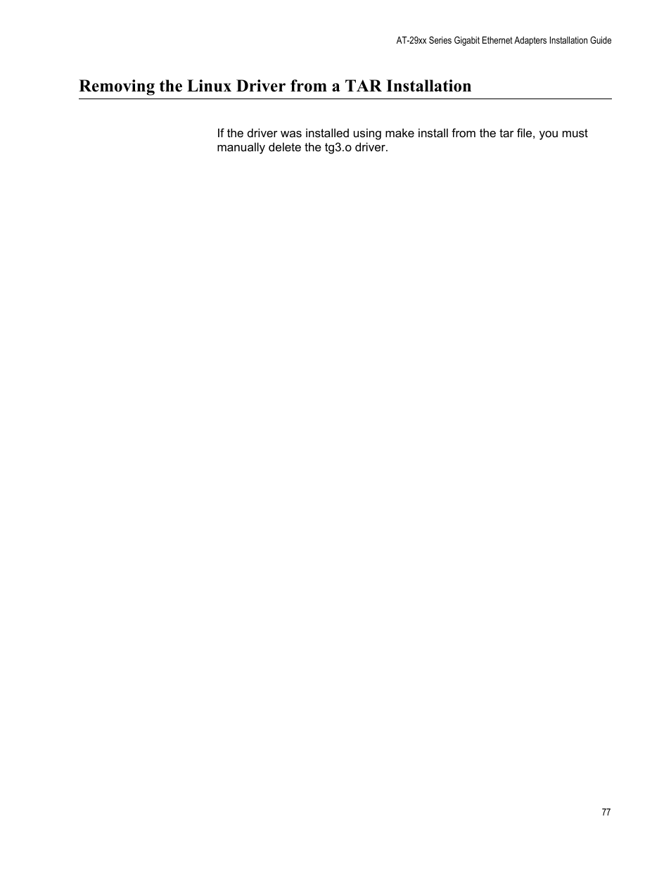 Removing the linux driver from a tar installation | Allied Telesis AT-2972T/2 User Manual | Page 77 / 144