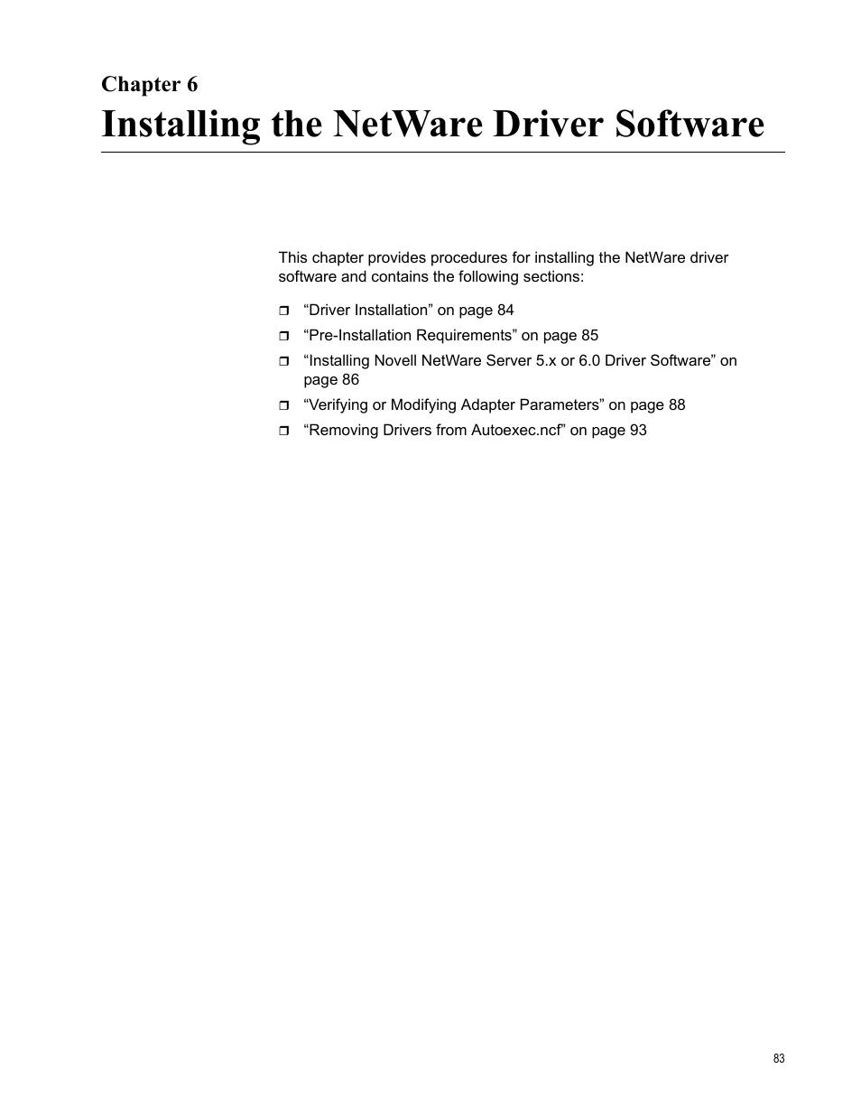 Chapter 6, Installing the netware driver software, R 6: installing the netware driver software | Allied Telesis AT-2972T/2 User Manual | Page 83 / 144