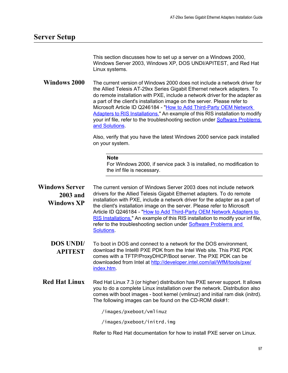 Server setup, Windows 2000, Windows server 2003 and windows xp | Dos undi/ apitest, Red hat linux | Allied Telesis AT-2972T/2 User Manual | Page 97 / 144