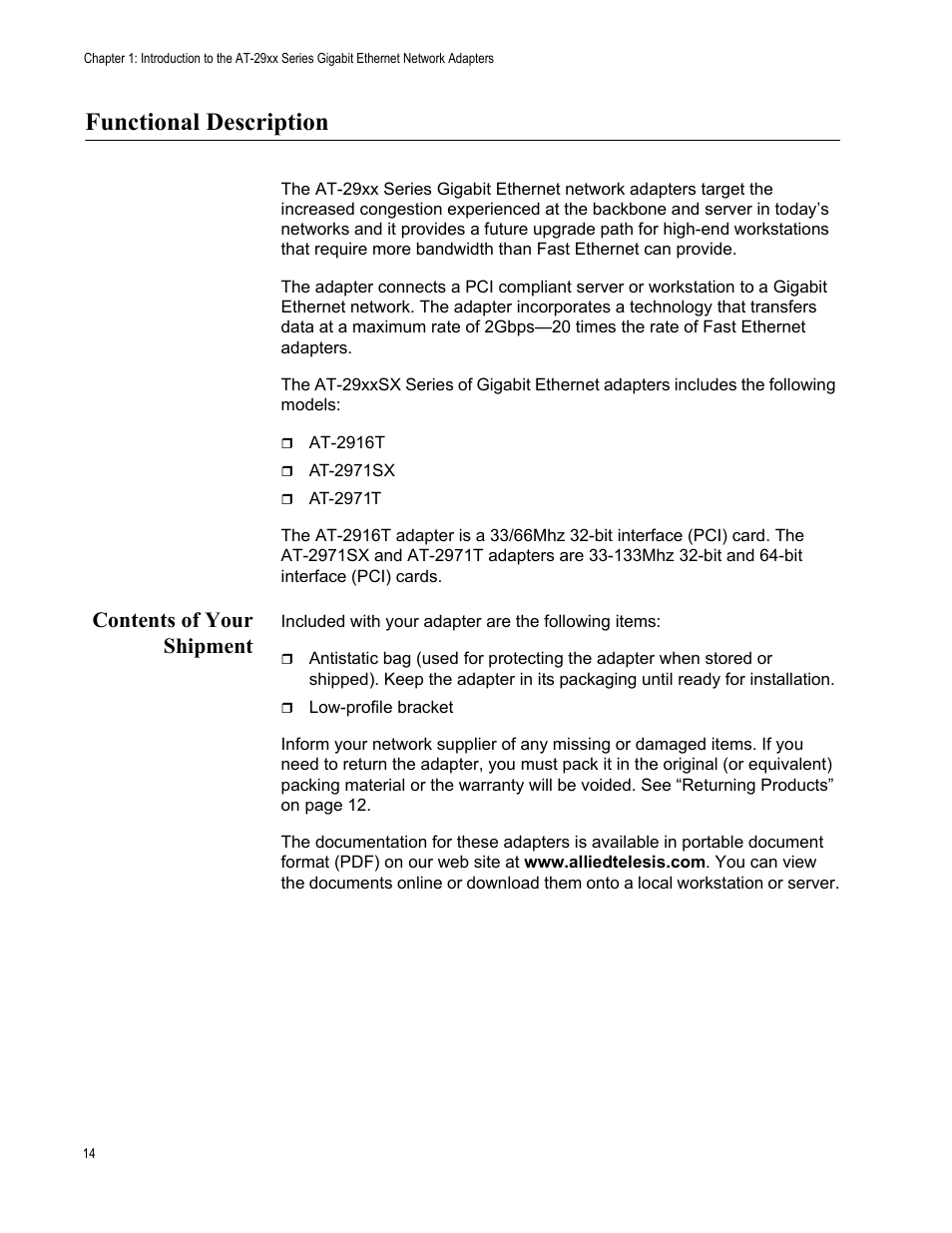 Functional description, Contents of your shipment | Allied Telesis AT-2971T User Manual | Page 14 / 32