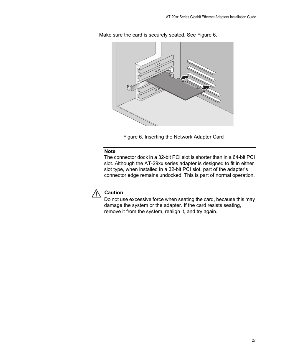 Figure 6. inserting the network adapter card | Allied Telesis AT-2971T User Manual | Page 27 / 32