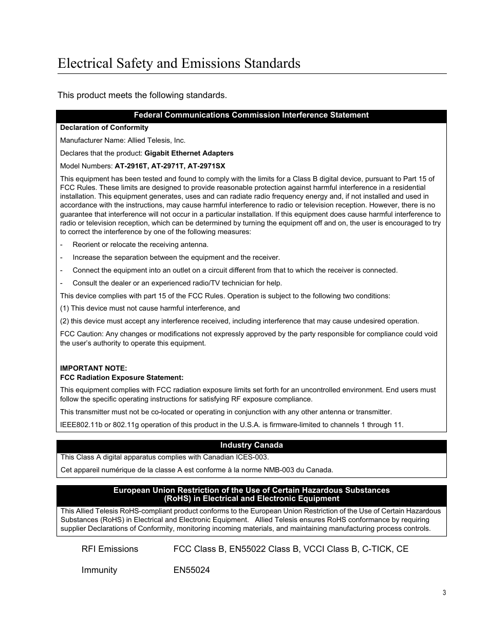 Electrical safety and emissions standards | Allied Telesis AT-2971T User Manual | Page 3 / 32