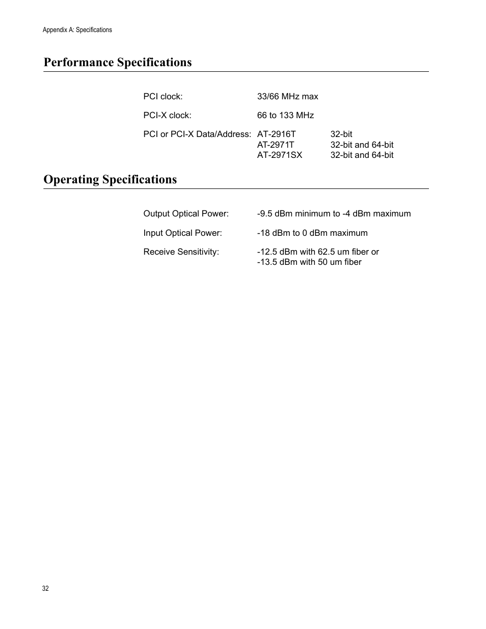 Performance specifications, Operating specifications | Allied Telesis AT-2971T User Manual | Page 32 / 32